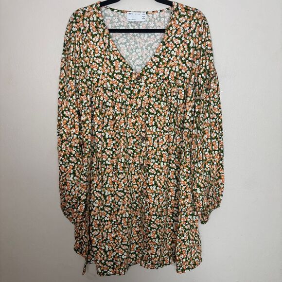 Asos Design Curve Dress‎ Women's Size 12 Green Floral Print Button Front Mini - Picture 1 of 8
